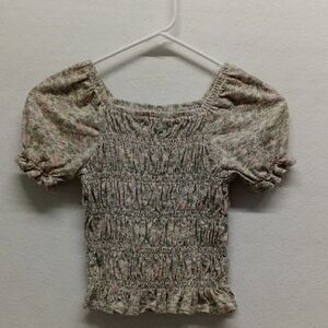 Self Asteem Cream And Green Floral Smocked Puff Sleeve Top